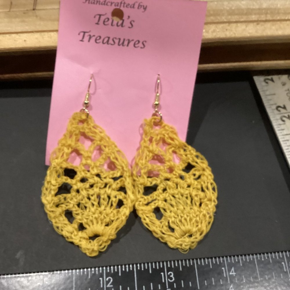 Earrings Marigold Yellow Leaf Crocheted Crochet Hand Crafted